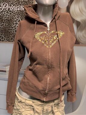 ROXY Vintage Y2K Bedazzled Logo Brown Zip Hoodie